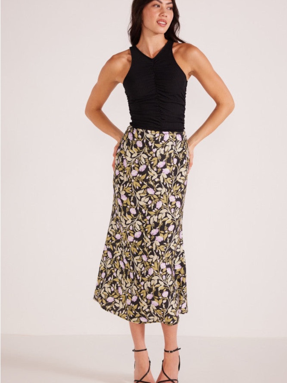 MINKPINK Black Floral Midi Skirt with Lilac & Green Print